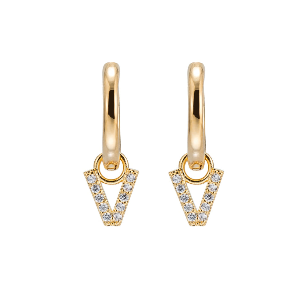Gold Plated Dangly V Initial CZ Earrings