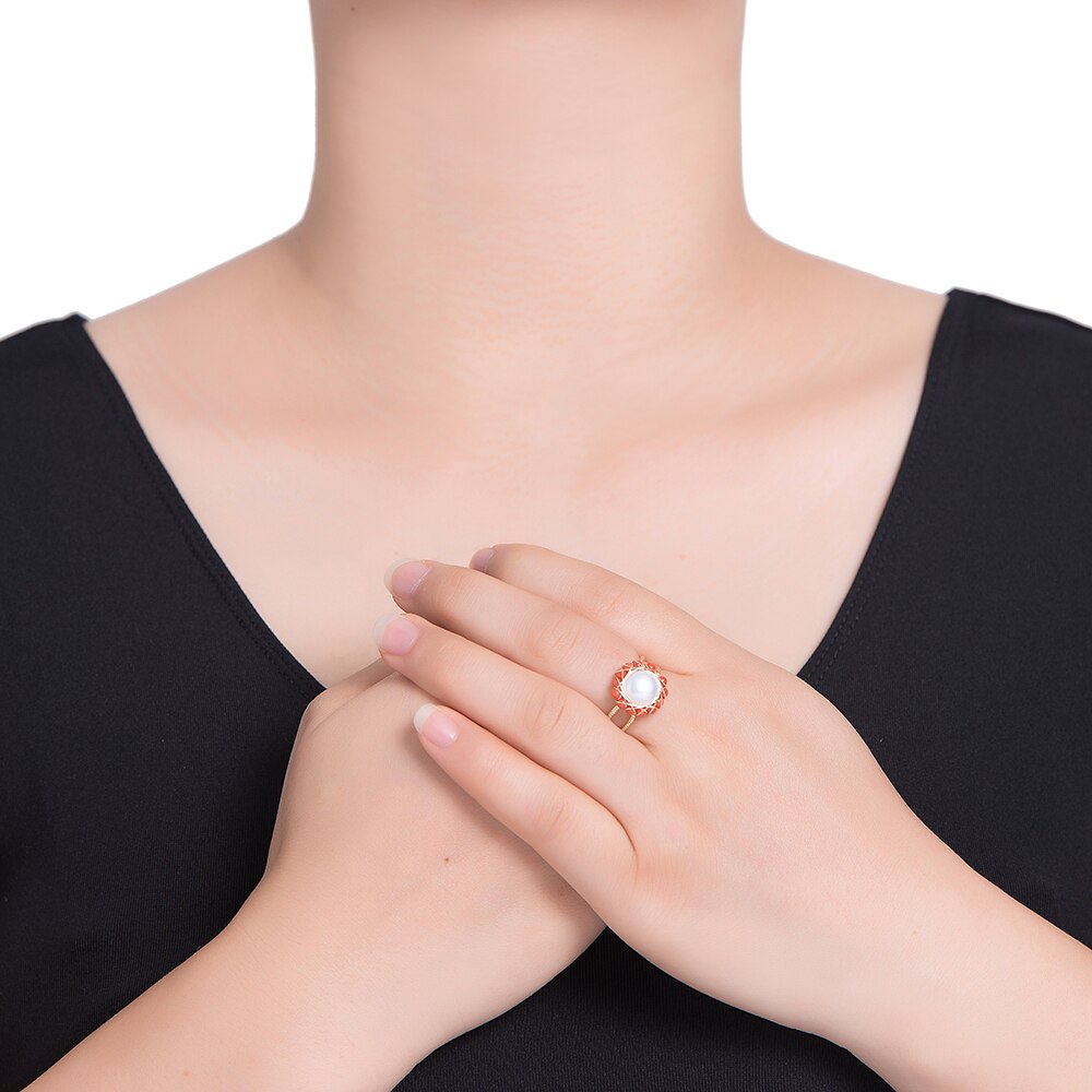 Pearl with Red Stone Gold Plated Ring