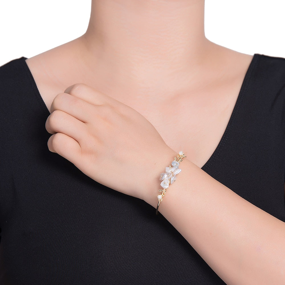 Bouquet of Freshwater Pearl Bangle Bracelet in Gold Plated