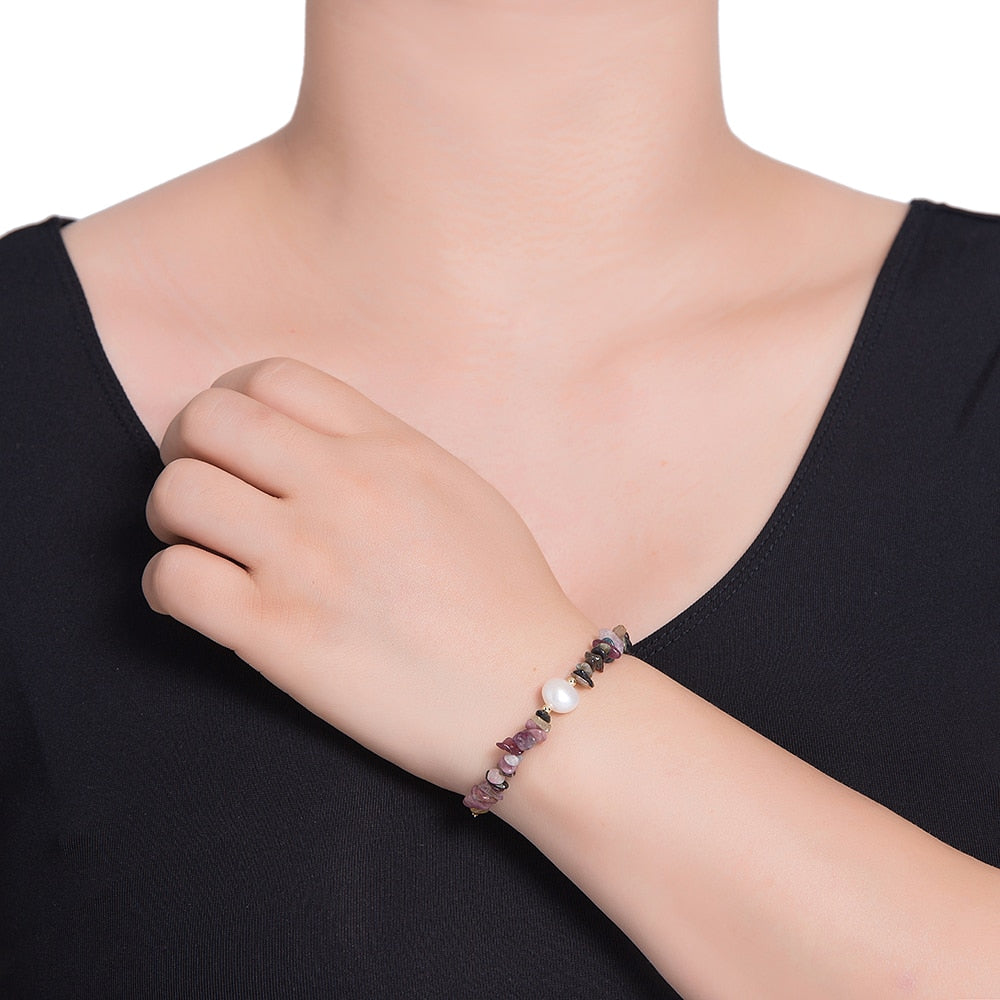 Single Pearl with Gemstone Bracelet in Gold Plated - Pearl Bracelet