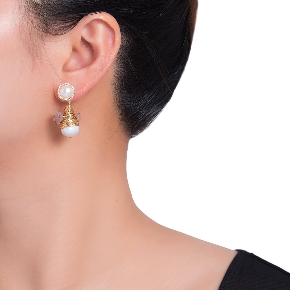Pearl Bulb with Pink Stone Earrings in Gold Plated