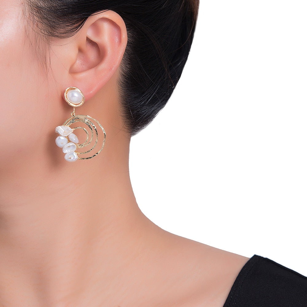 Circular Swirl Pearl Earrings in Gold Plated