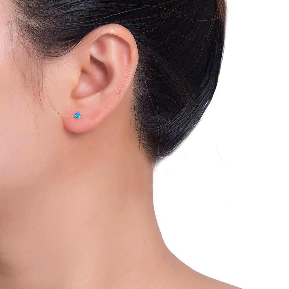Round Blue Opal Stud Earrings in Sterling Silver