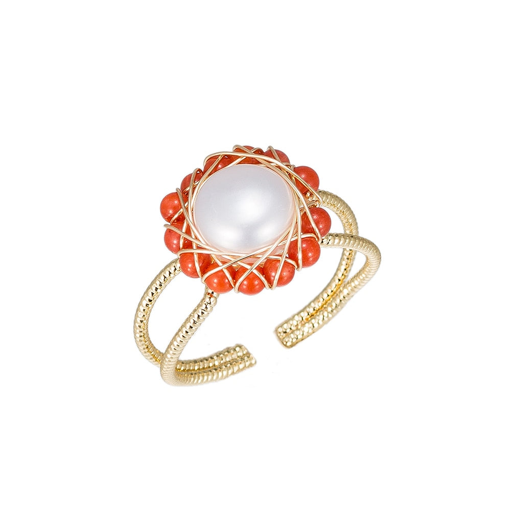 Pearl with Red Stone Gold Plated Ring