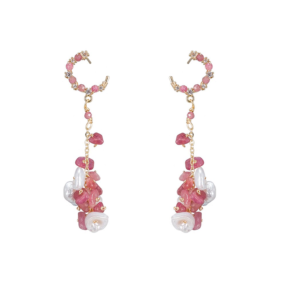 Chained Pearl with Pink Crystals Earrings in Gold Plated