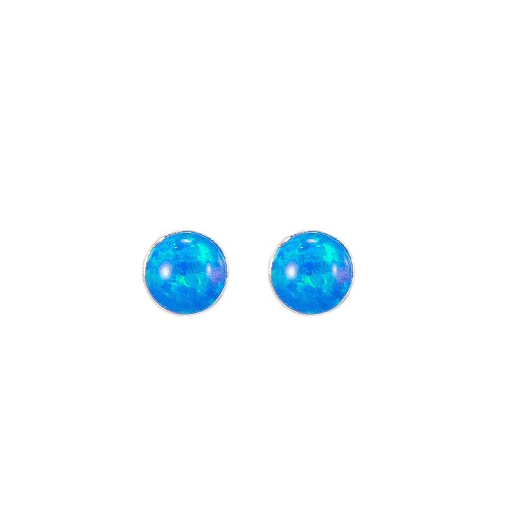 Round Blue Opal Stud Earrings in Sterling Silver