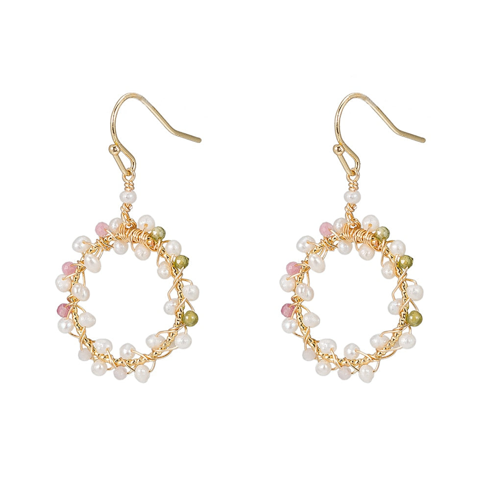 Circular Colourful Stoned Pearl Earrings in Gold Plated