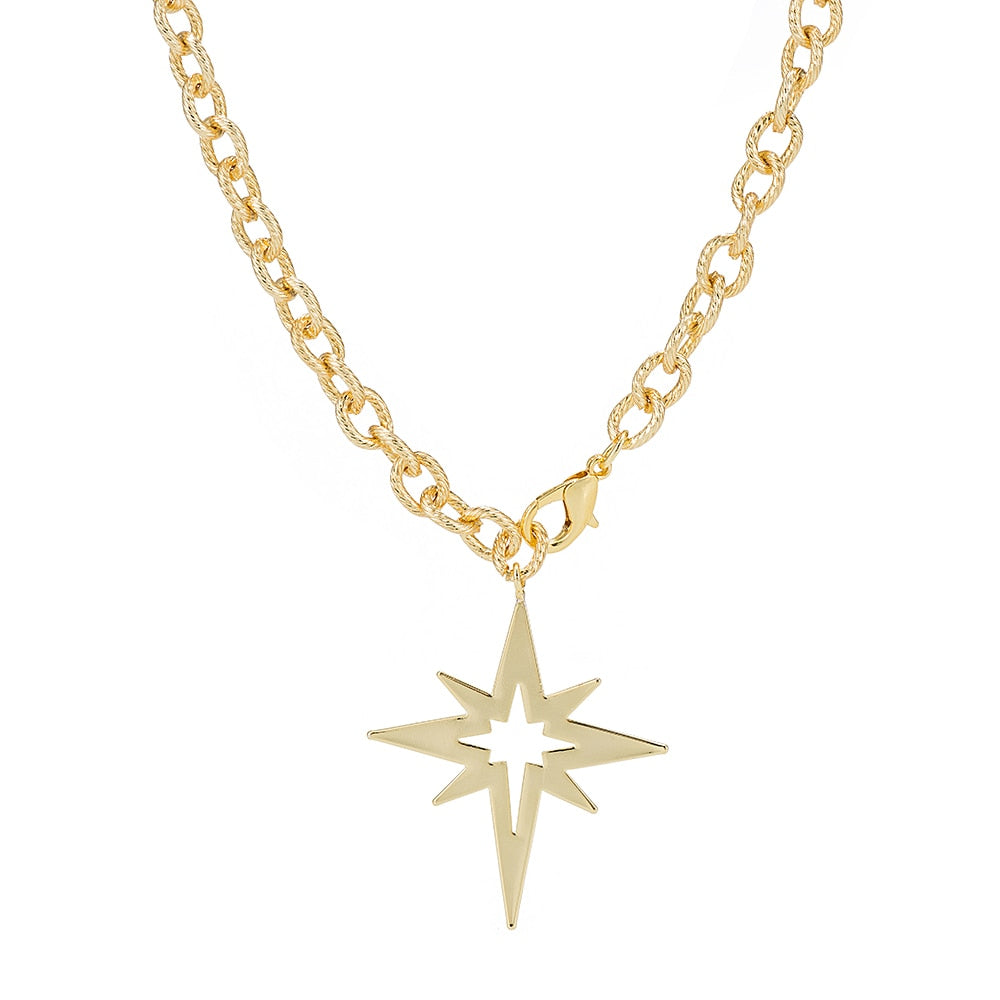 Gold Plated Classic Cable Chain Necklace with North Star Charm