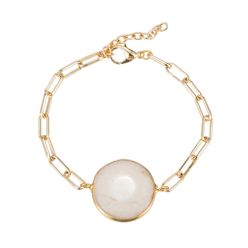 Gold Plated Round White Agate Bracelet