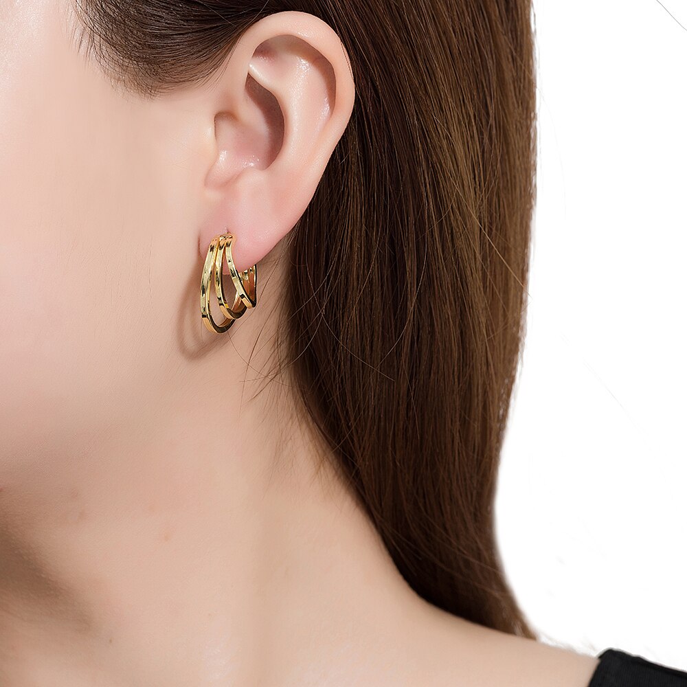 Gold Plated Triple Line Hoop Earrings