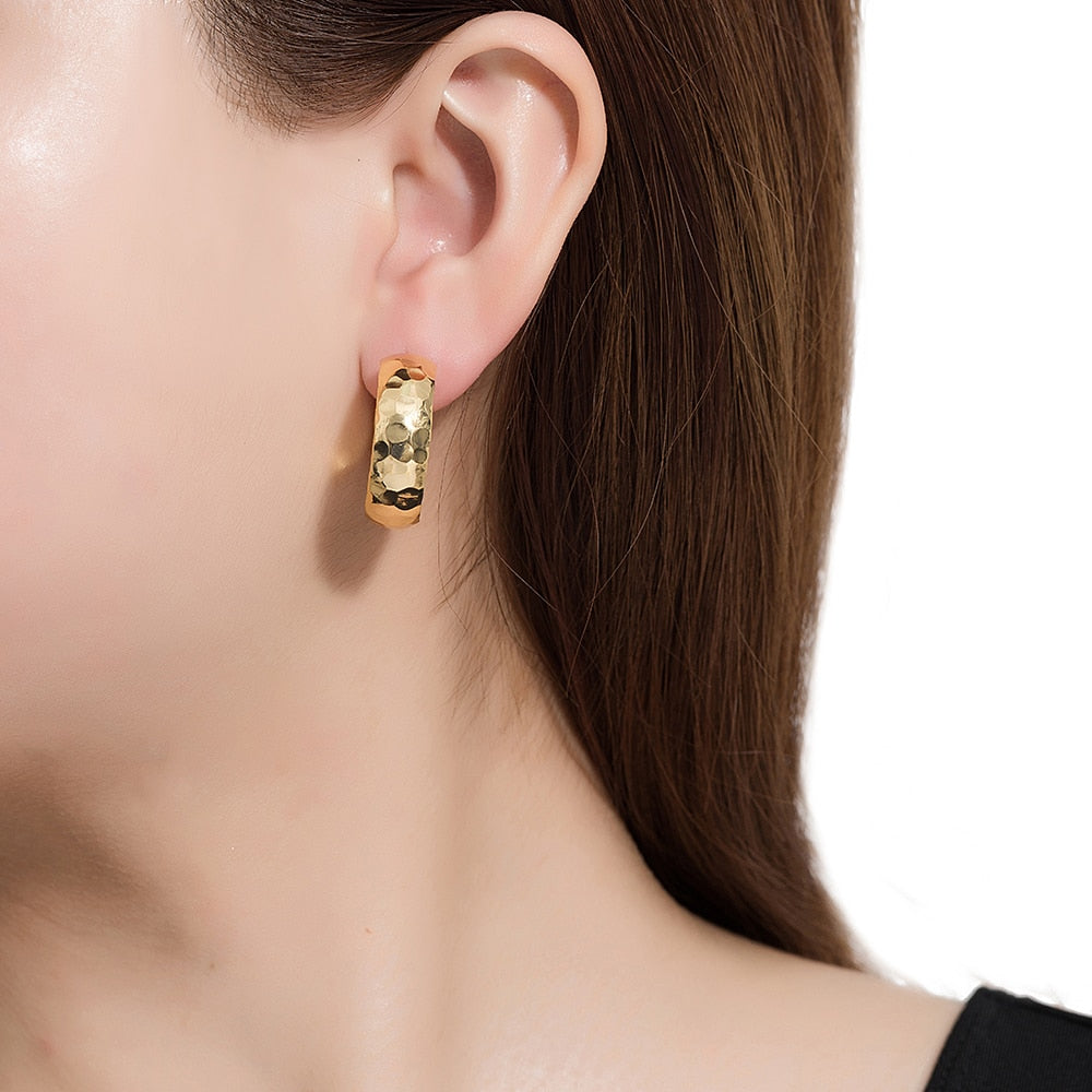 Gold Plated Hammered Bold Hoop Earrings