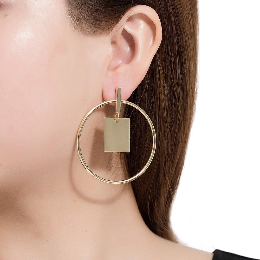 Gold Plated Square in Circle Drop Earrings