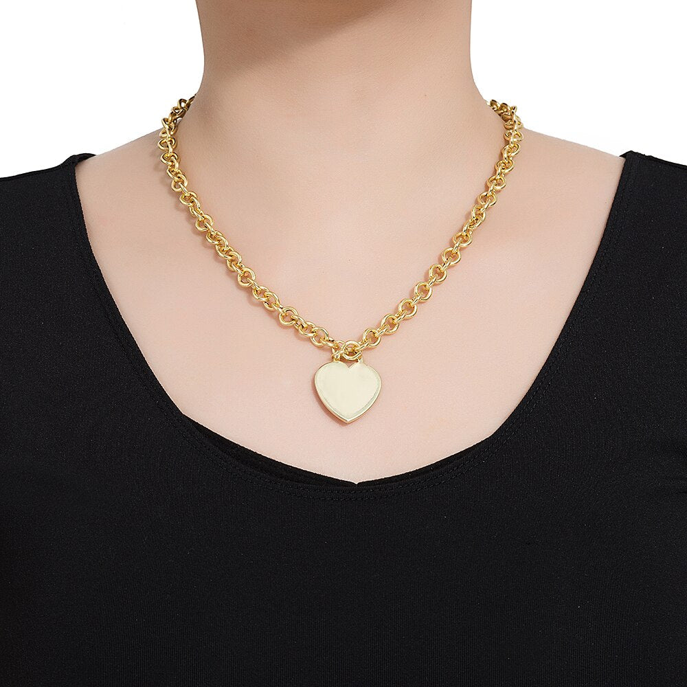 Gold Plated  Classic Cable Chain Necklace with Heart Charm