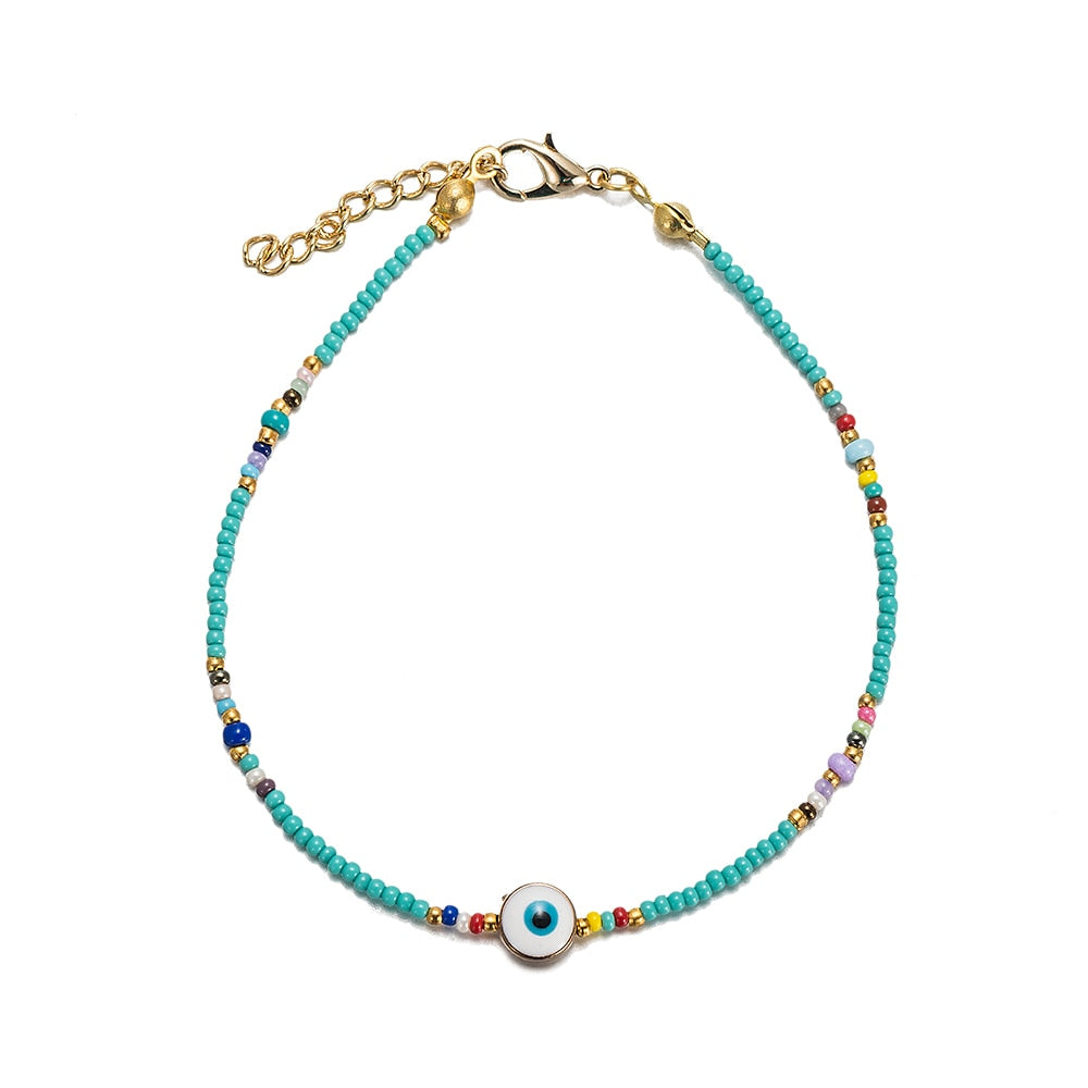 Beaded Evil Eye Anklet with Turquoise Stones