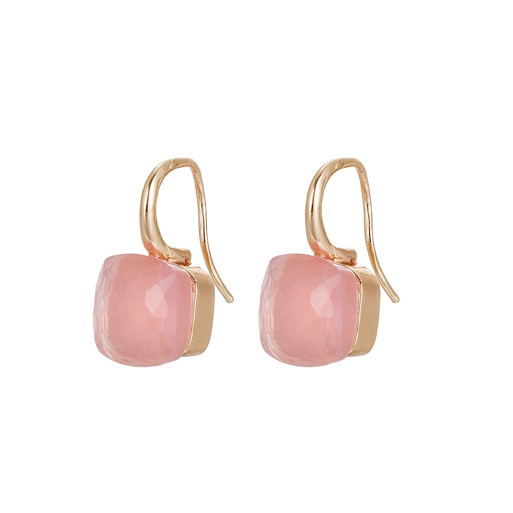 Gold Plated Dangly Gemstone Earrings Pink