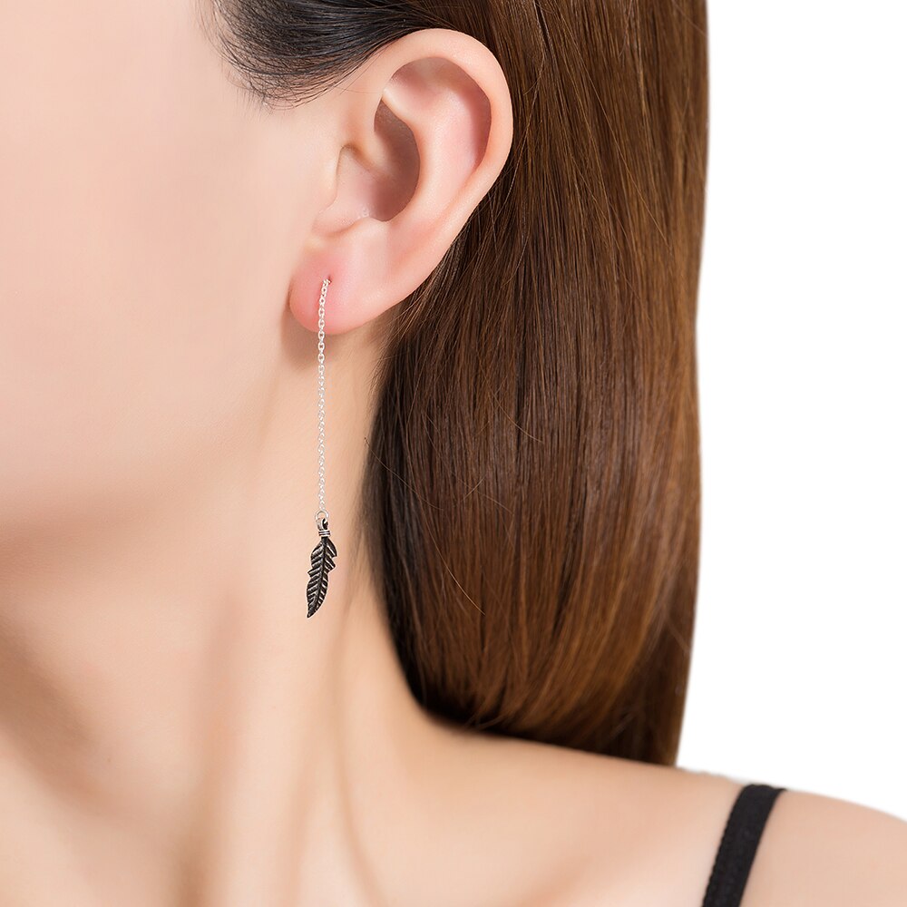 Feather with Chain Sterling Silver Earrings