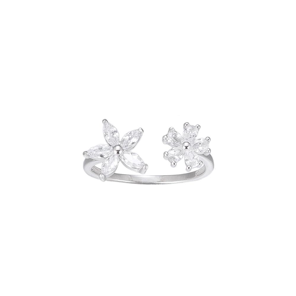 Adjustable Flower CZ Sterling Silver Ring - Silver Ring