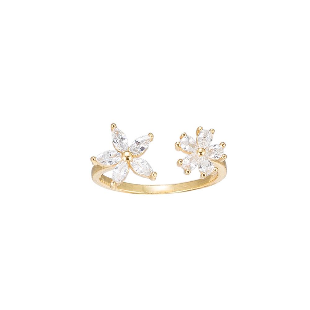 Gold Adjustable Flower CZ Sterling Silver Ring - Gold Plated Ring