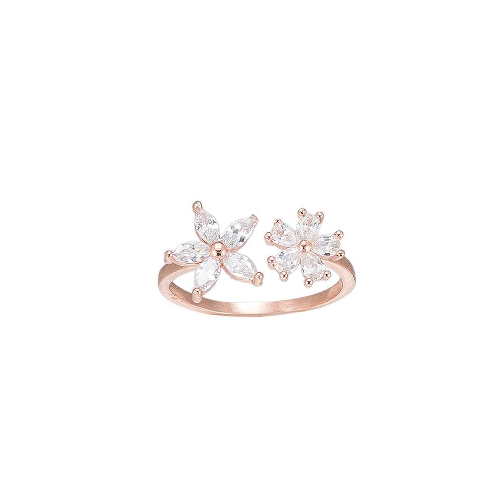 Rose Adjustable Flower CZ Sterling Silver Ring - Rose Gold Plated Ring