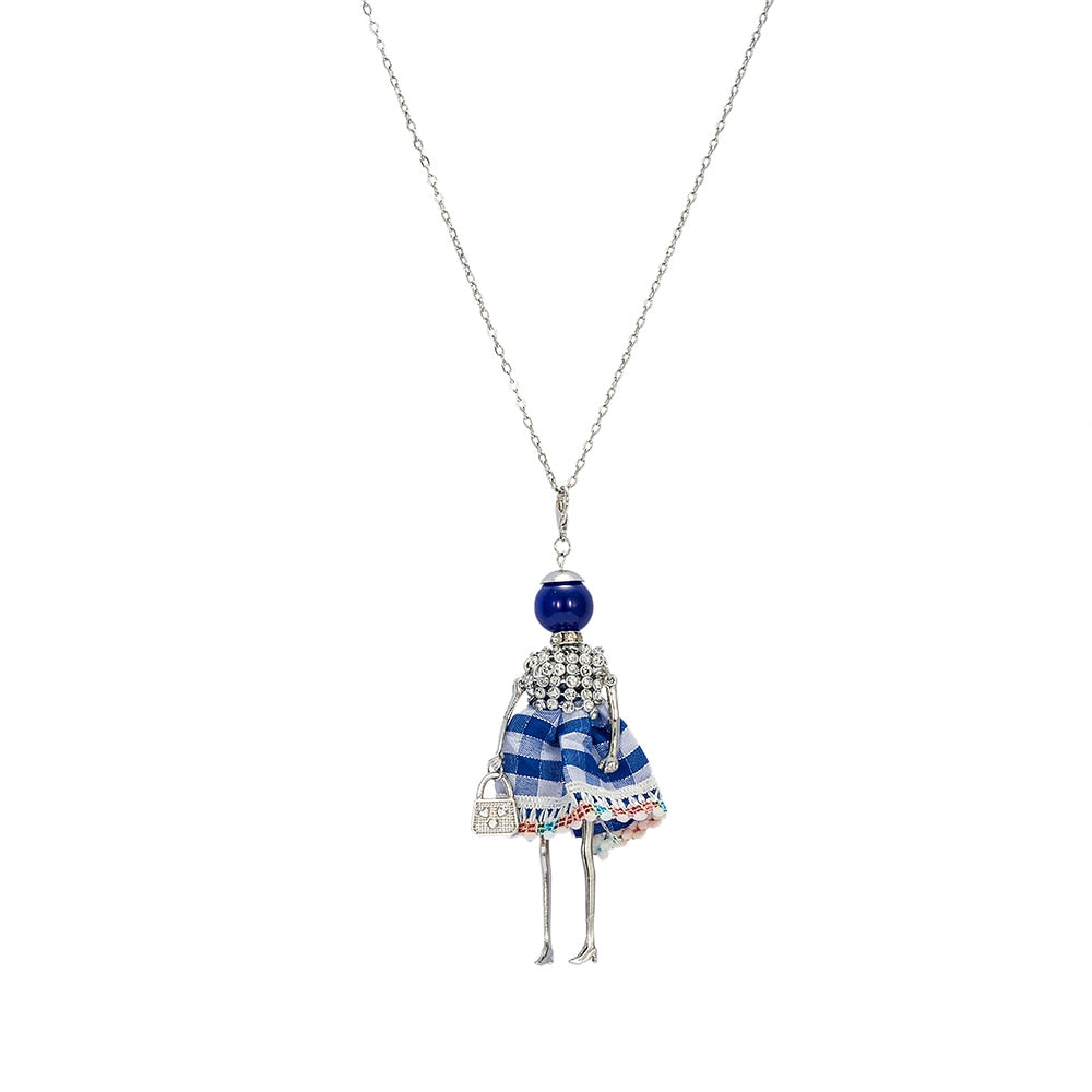 Blue and White Plaid with CZ Baby Doll Necklace