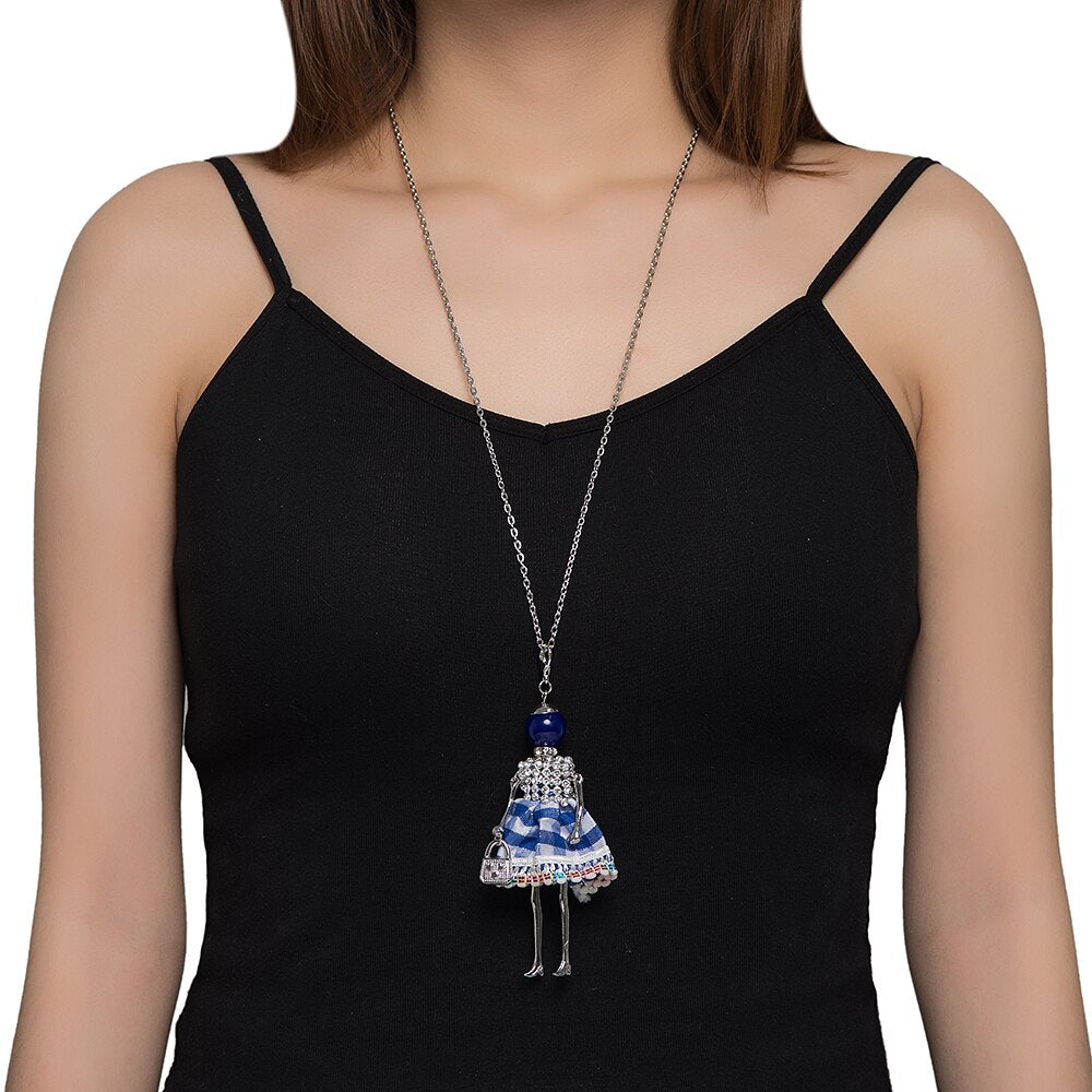 Blue and White Plaid with CZ Baby Doll Necklace