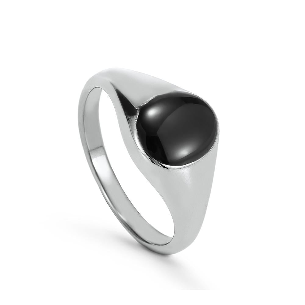 Black Onyx Round Signet Ring - White Gold Plated