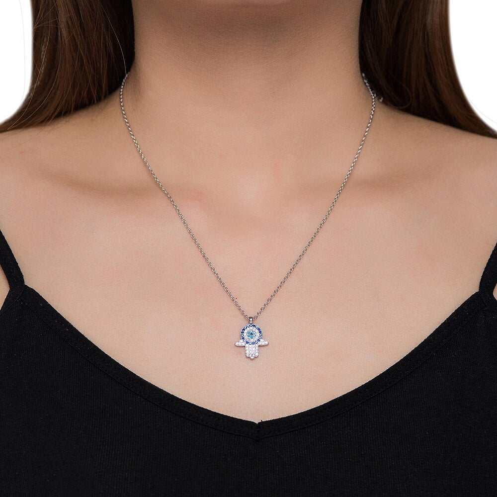 Silver Hamsa Hand and Evil eye Necklace