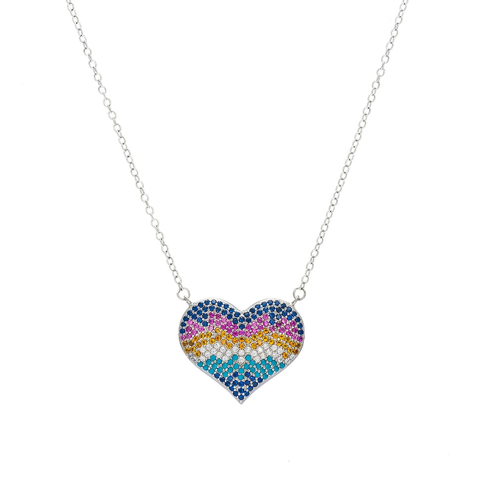 Silver Rainbow CZ Heart Necklace