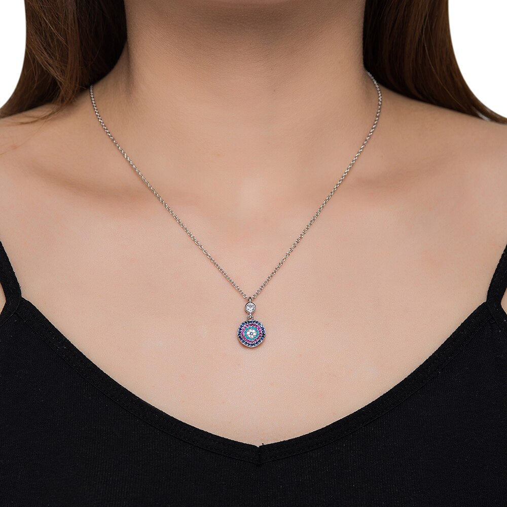 Silver Evil Eye and CZ Necklace