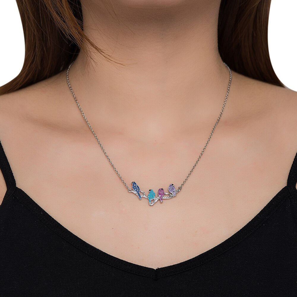 Silver Birds on a Branch Necklace