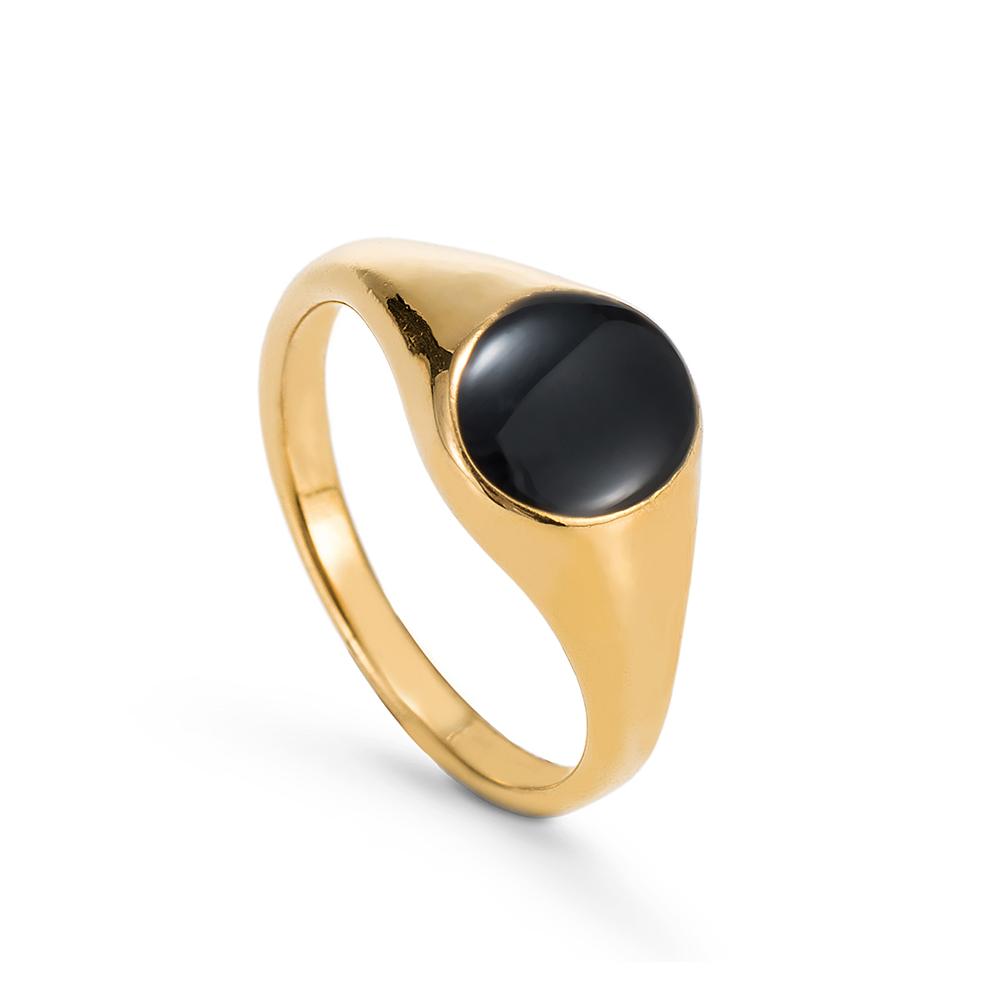 Black Onyx Round Signet Ring - Yellow Gold Plated